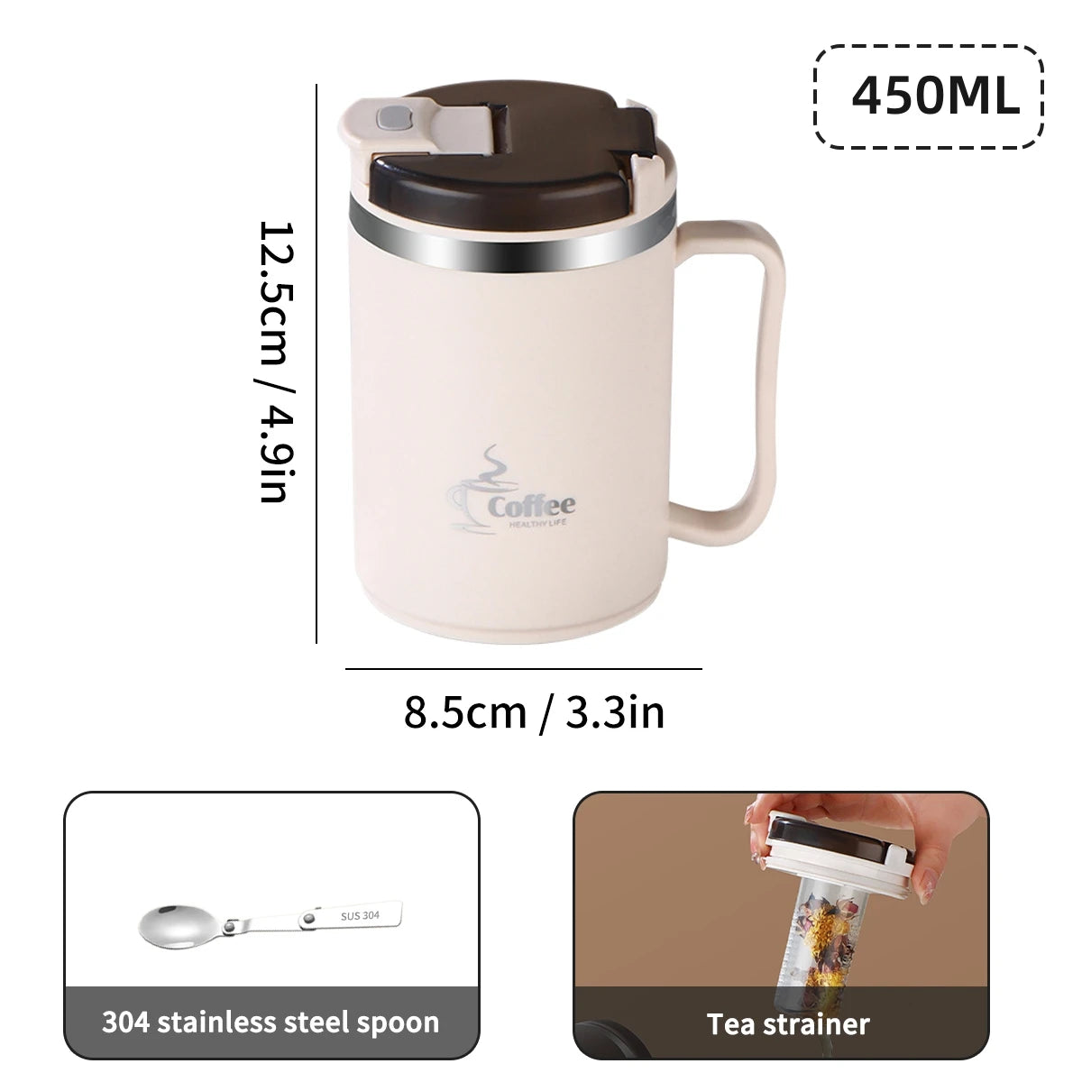 Doppelwandige Kaffeetasse – 304 Edelstahl Thermobecher mit Löffel & Teesieb, Auslaufsicher & Anti-Verbrühung Trinkbecher“