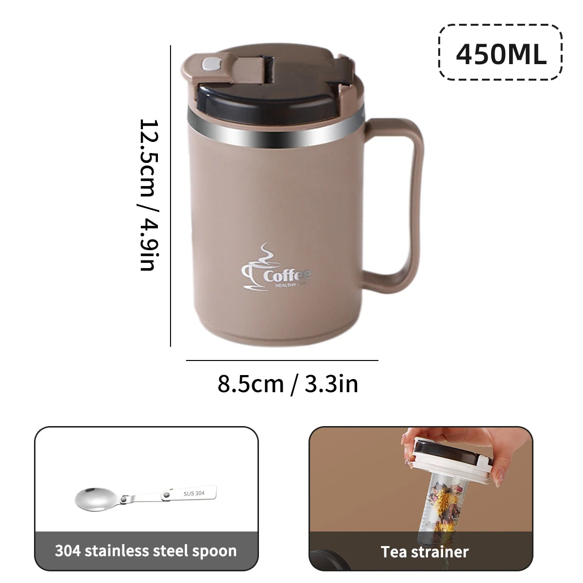 Doppelwandige Kaffeetasse – 304 Edelstahl Thermobecher mit Löffel & Teesieb, Auslaufsicher & Anti-Verbrühung Trinkbecher“
