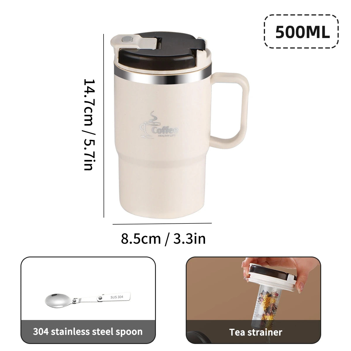 Doppelwandige Kaffeetasse – 304 Edelstahl Thermobecher mit Löffel & Teesieb, Auslaufsicher & Anti-Verbrühung Trinkbecher“