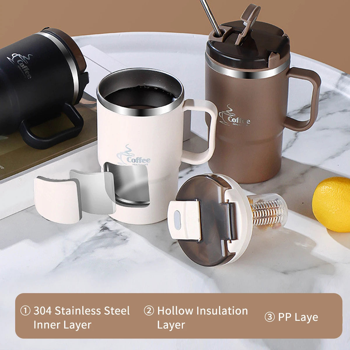Doppelwandige Kaffeetasse – 304 Edelstahl Thermobecher mit Löffel & Teesieb, Auslaufsicher & Anti-Verbrühung Trinkbecher“