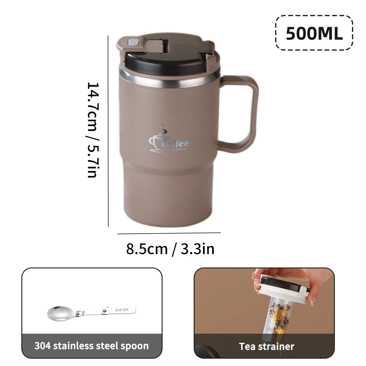 Doppelwandige Kaffeetasse – 304 Edelstahl Thermobecher mit Löffel & Teesieb, Auslaufsicher & Anti-Verbrühung Trinkbecher“