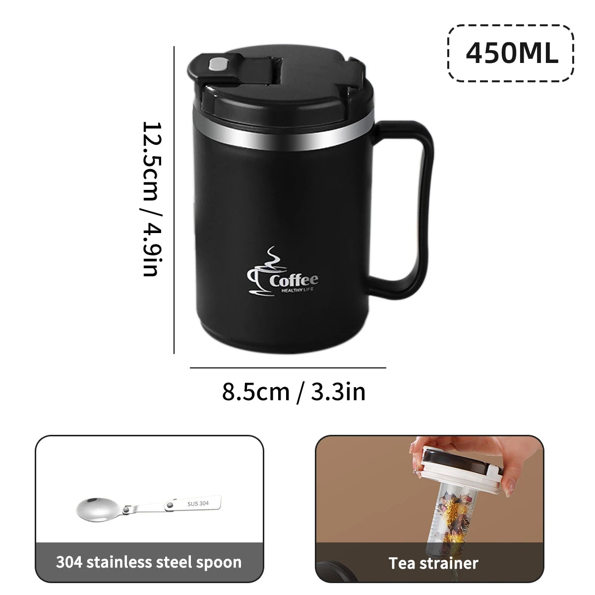 Doppelwandige Kaffeetasse – 304 Edelstahl Thermobecher mit Löffel & Teesieb, Auslaufsicher & Anti-Verbrühung Trinkbecher“