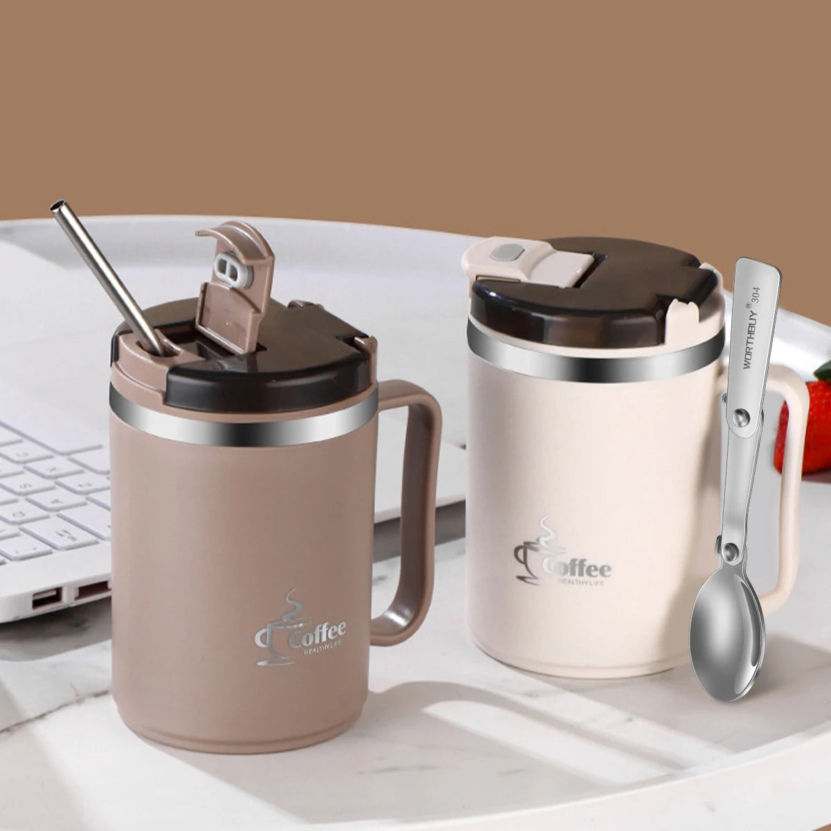 Doppelwandige Kaffeetasse – 304 Edelstahl Thermobecher mit Löffel & Teesieb, Auslaufsicher & Anti-Verbrühung Trinkbecher“