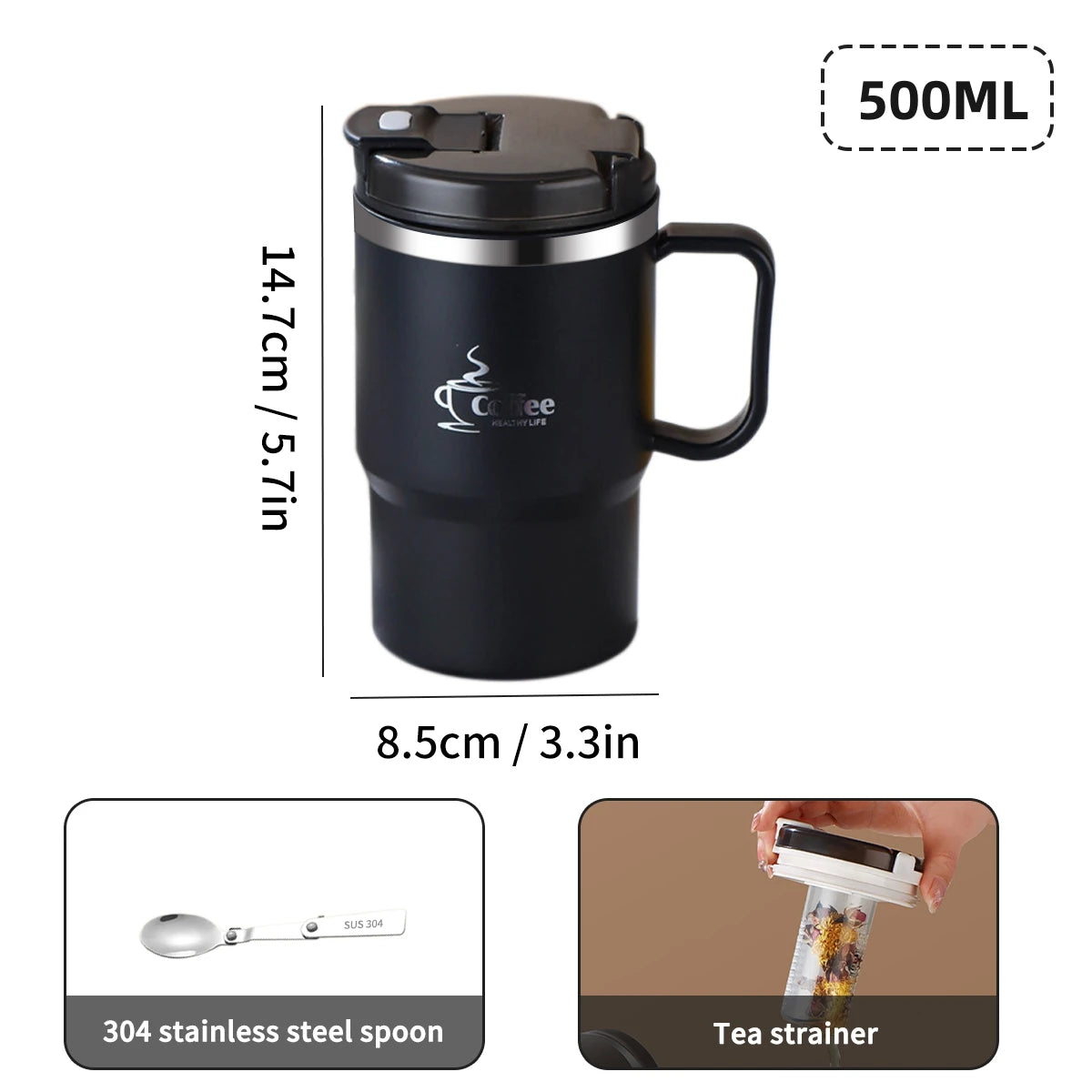 Doppelwandige Kaffeetasse – 304 Edelstahl Thermobecher mit Löffel & Teesieb, Auslaufsicher & Anti-Verbrühung Trinkbecher“