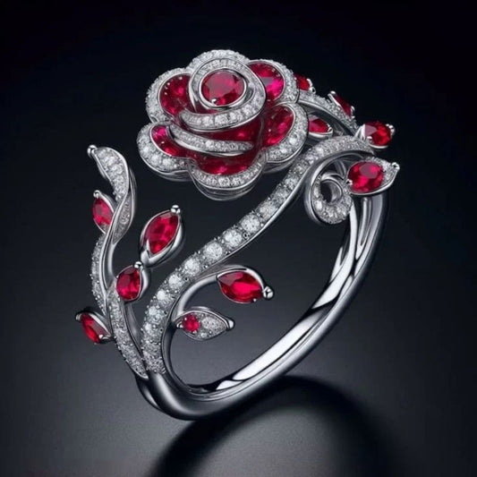Beliebter Ring mit verschlungenen Blättern und Blumen – rote Mikro-Zirkonia
