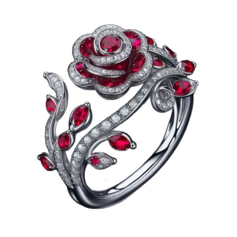 Beliebter Ring mit verschlungenen Blättern und Blumen – rote Mikro-Zirkonia
