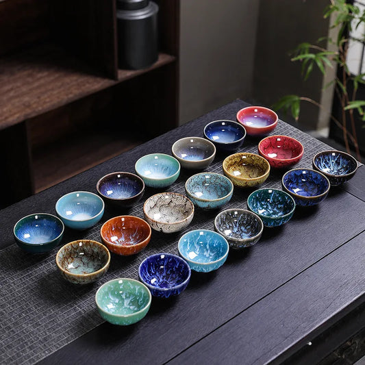 Vintage Japanische Keramik Teetasse – Handgemacht mit Multicolor Fambé Glasur